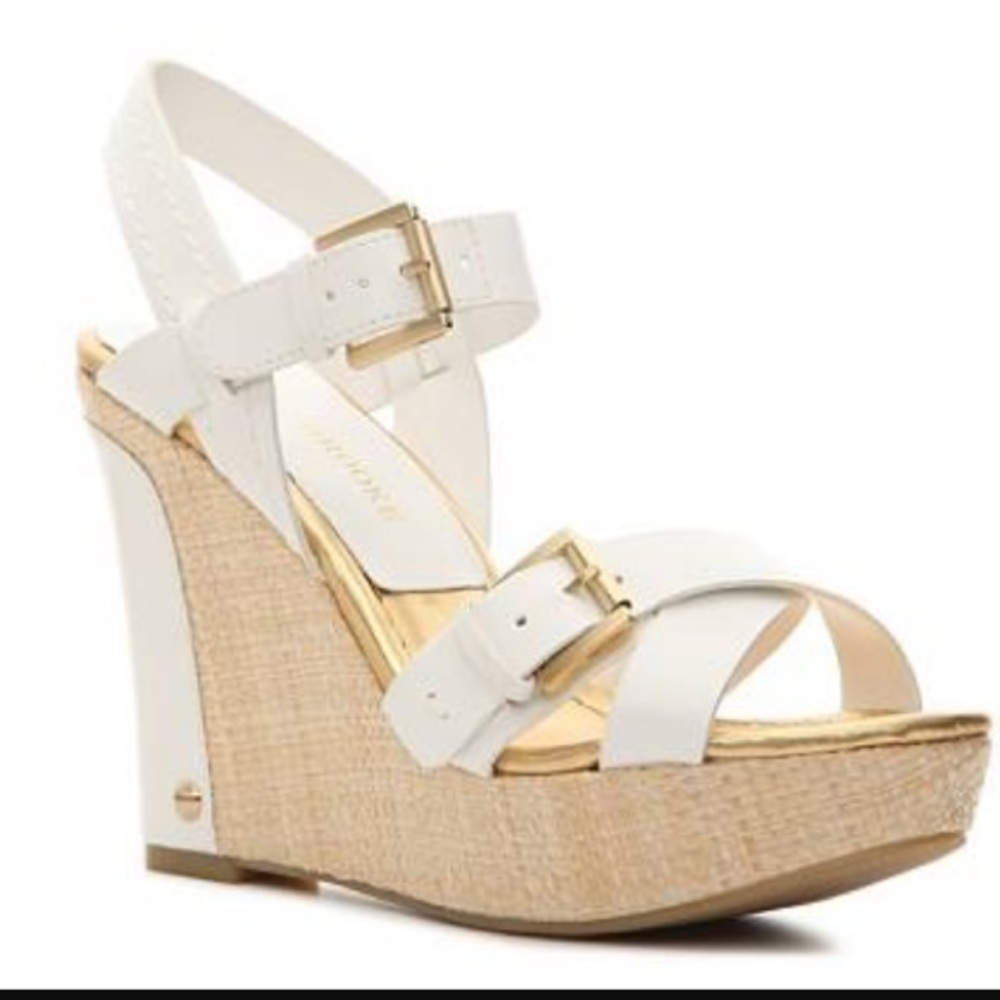 White & Gold Sandal Wedges