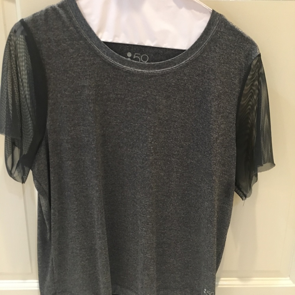 Splits 59 shimmery gray top with mesh sleeves!