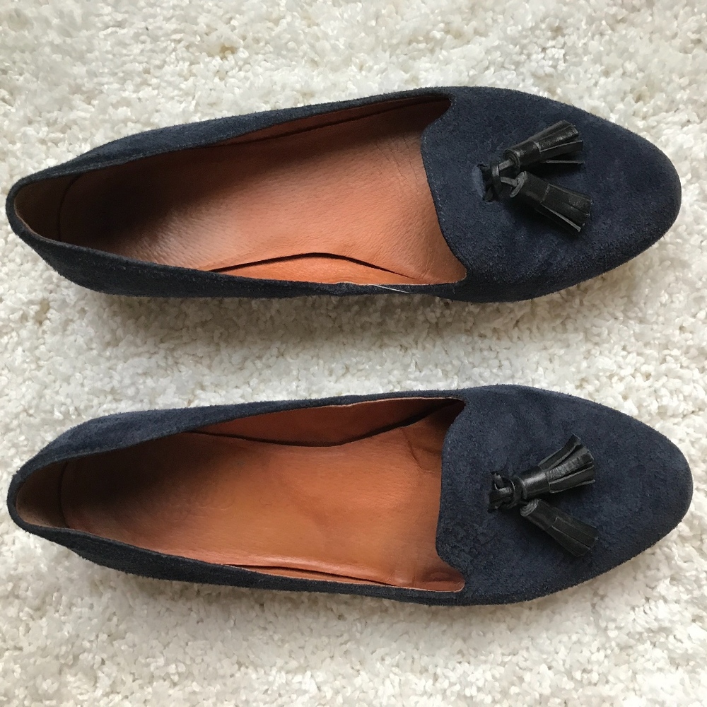 Madewell blue suede tassel loafers, size 9.5