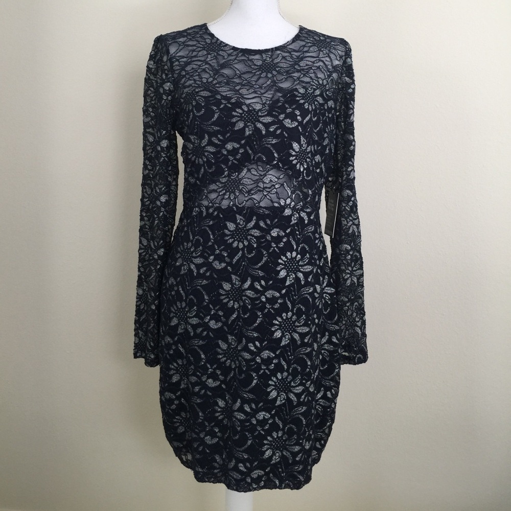 Express mesh navy and silver long sleeve dress