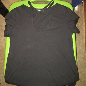 Trendy criss-cross neck faded black tee - NWOT