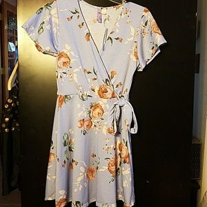 Francesca's light blue floral faux wrap dress!
