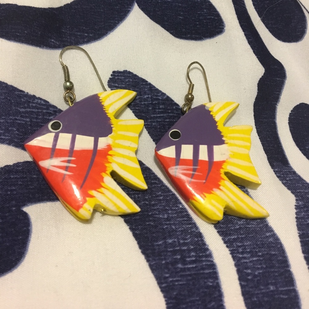 Hand painted, carved wood tropical fish earrings