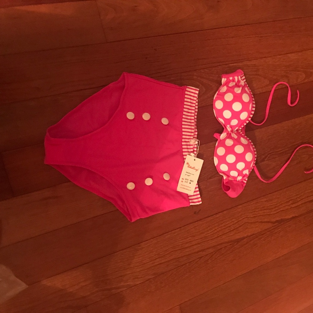 Retro high waist pink and white polka dot bikini