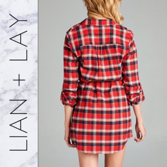 100% Cotton Red Plaid Belted Shirt Dress - Picture 3 of 5