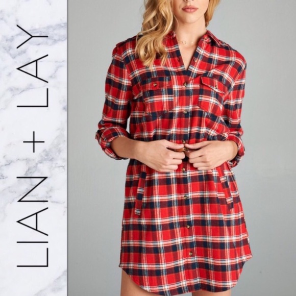 100% Cotton Red Plaid Belted Shirt Dress - Picture 2 of 5
