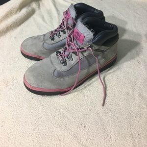 Pink and gray Timberlands