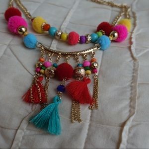 Colorful Pom Poms & Tassle Layered Necklace 14"