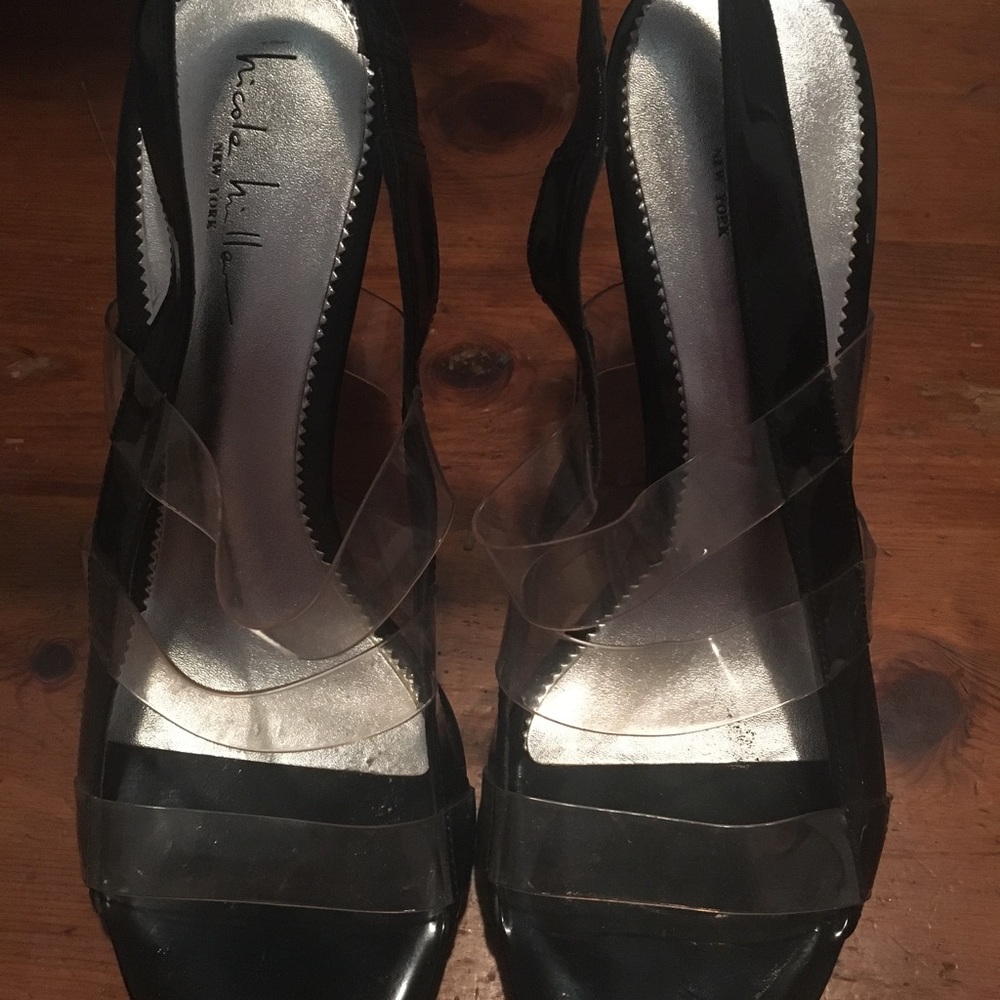 Nicole miller clear strap patent leather heels