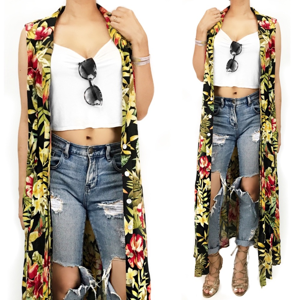 Vintage tropical floral print duster dress - Picture 1 of 6