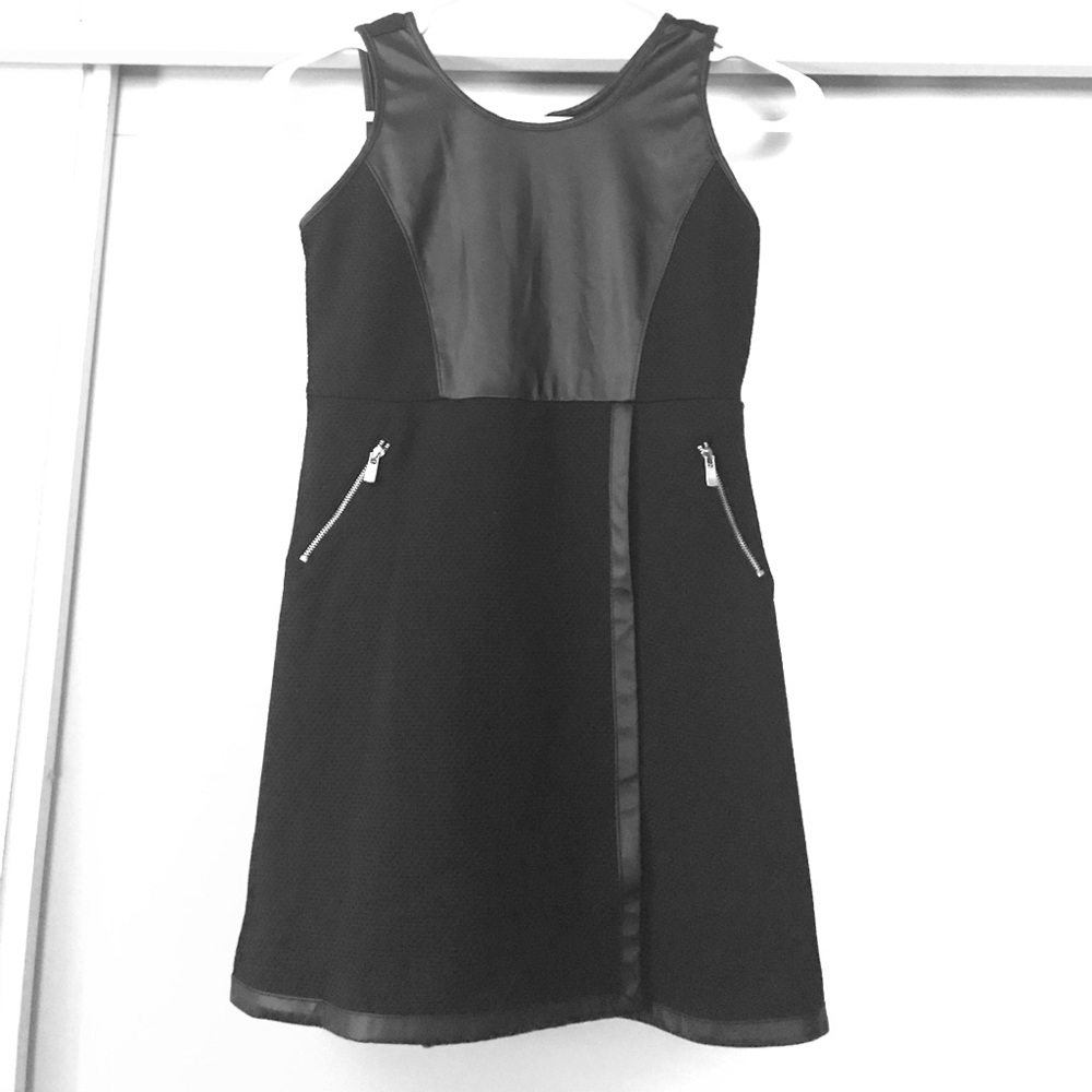 Black kids dress with leather chest & leather trim