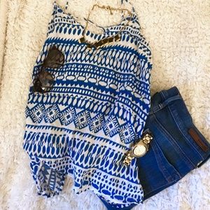tribal / ikat print blue + white strappy tank top