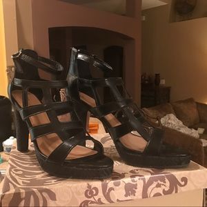 Ladies Black High Heeled Ankle Strap Shoes