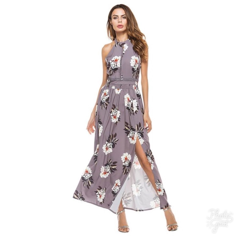 Grey Floral High Side Slit Maxi Dress