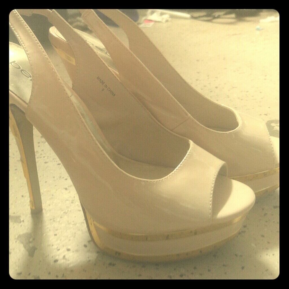 Bebe nude and gold slingback peep toe heels