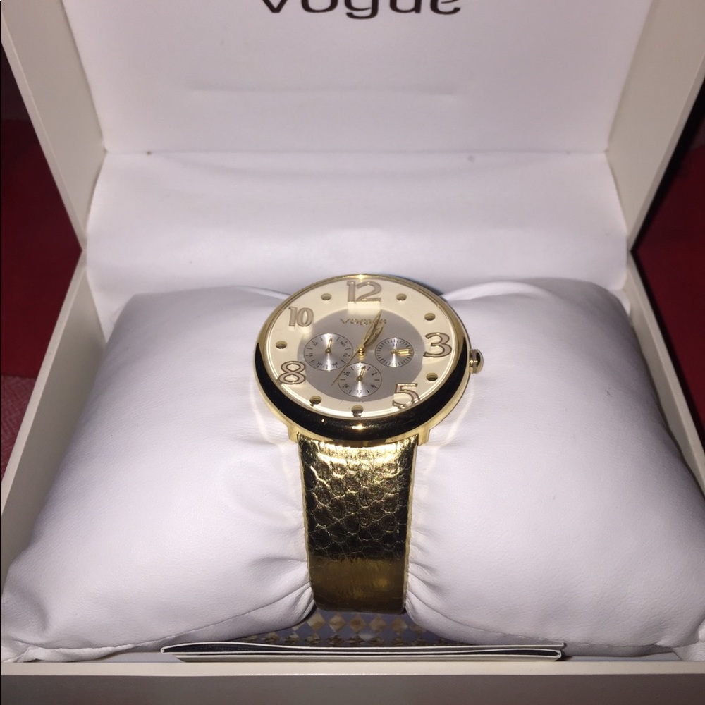 Vogue Dome Multifunction Gold Leather Strap Watch