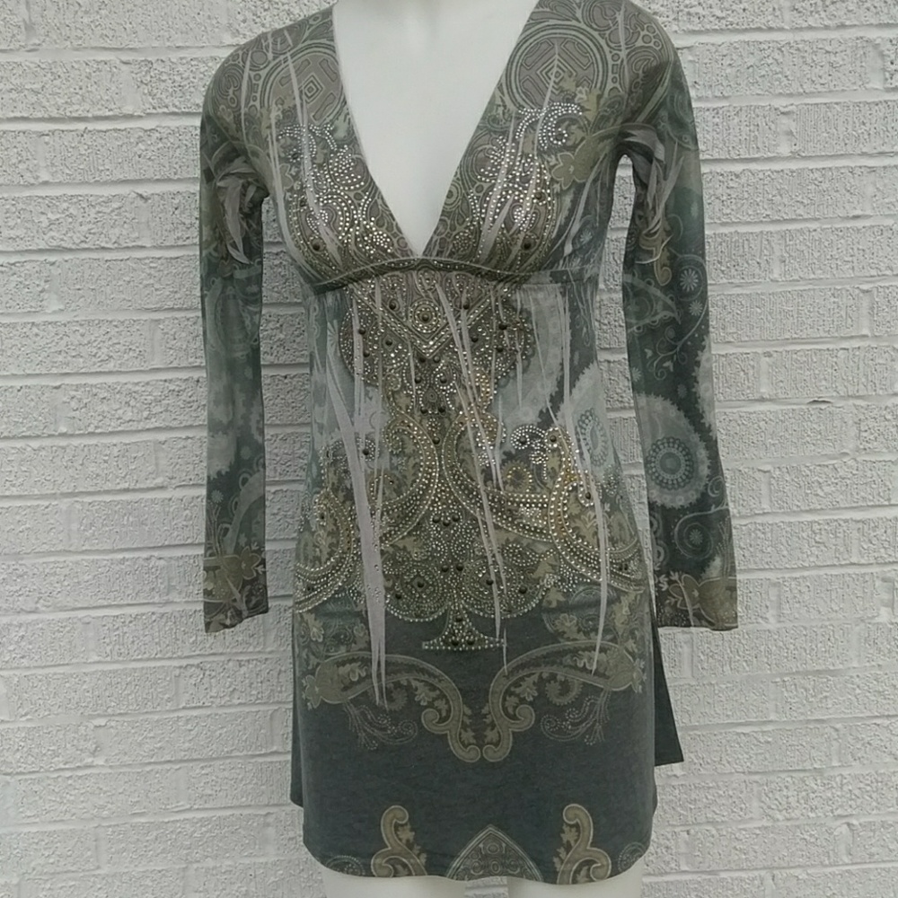 Katydid S sage green heavily beaded v neck LS