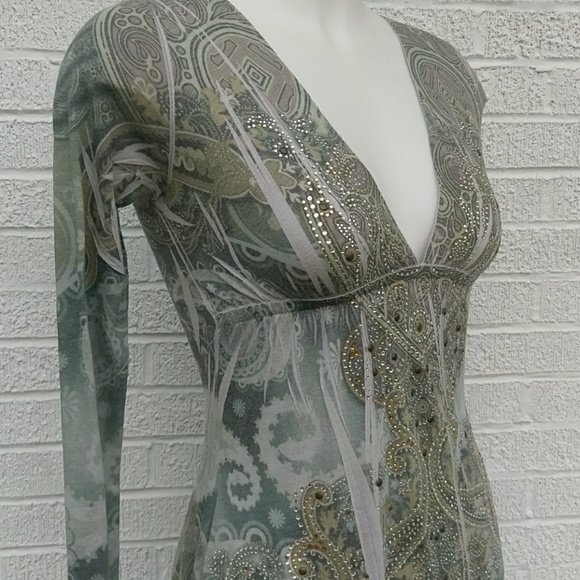Katydid S sage green heavily beaded v neck LS - Picture 2 of 4