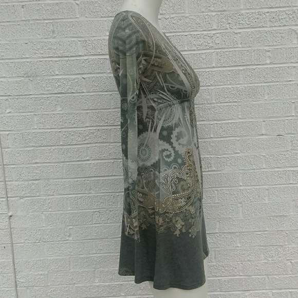 Katydid S sage green heavily beaded v neck LS - Picture 3 of 4