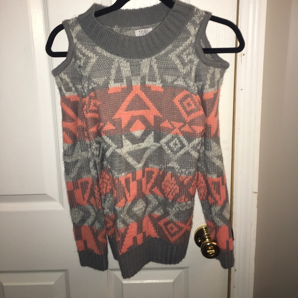 Open shoulder pink and gray sweater
