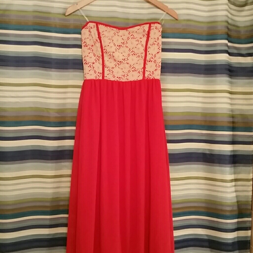 Red flowy strapless maxi dress
