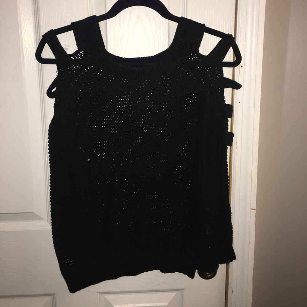 Black ribbed open shoulder sweater
