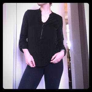 NWOT Black Silky Blouse, Zipper & Rolled Sleeves