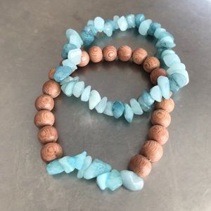 Handmade aqua & rose wood stretch bracelet set