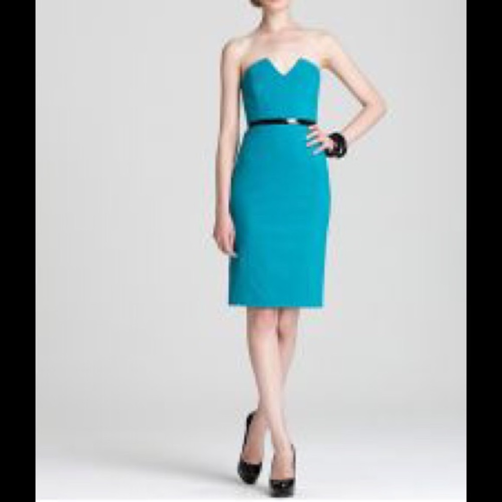 turquoise strapless dress with vinyl waistband