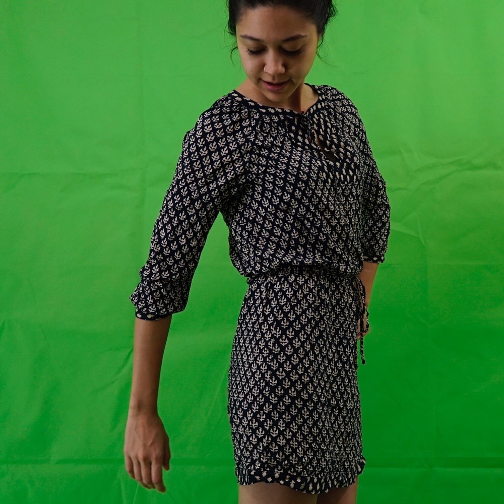 Navy Blue Pattern Drawstring Longsleeved Minidress - image 1