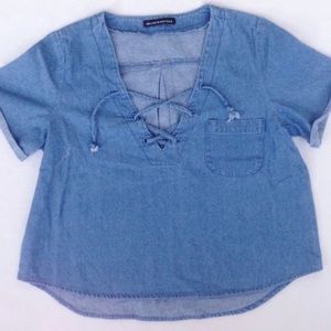 Brandy Melville Ily blue denim lace up shirt
