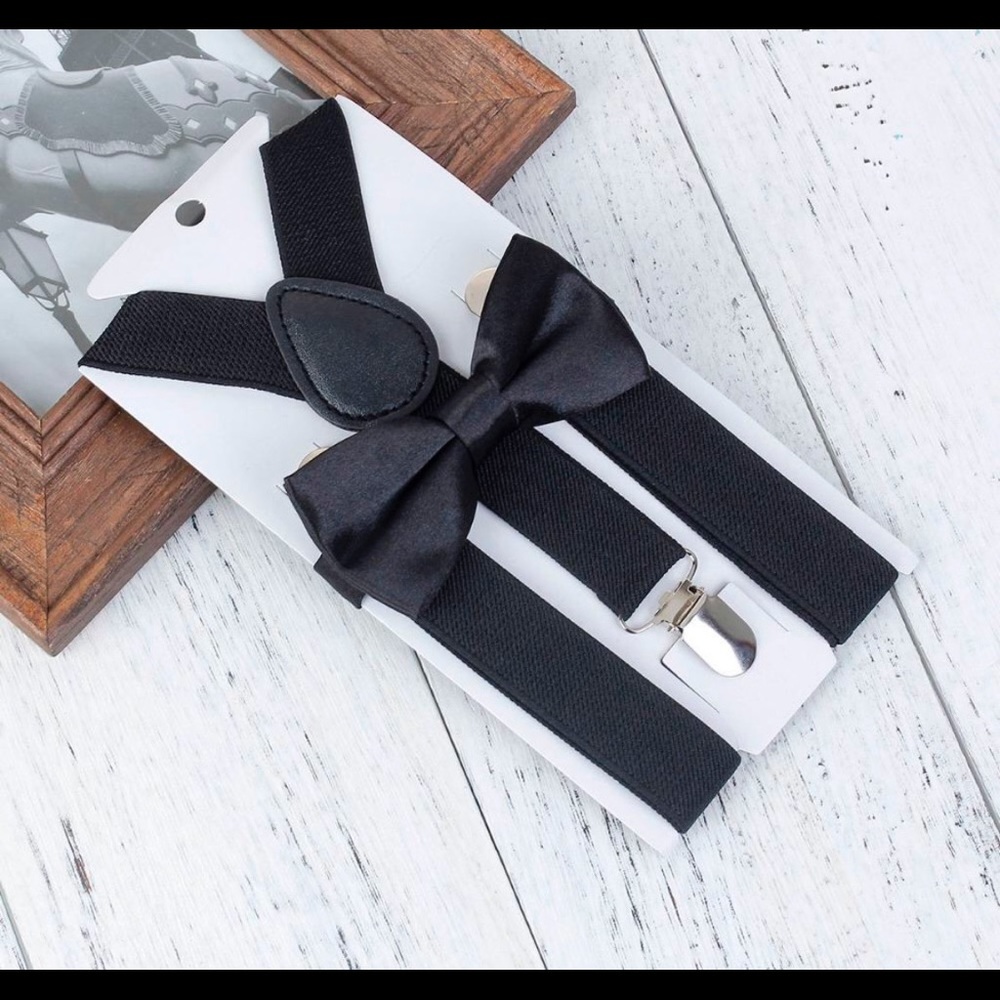 Black brand new bowtie and suspenders set