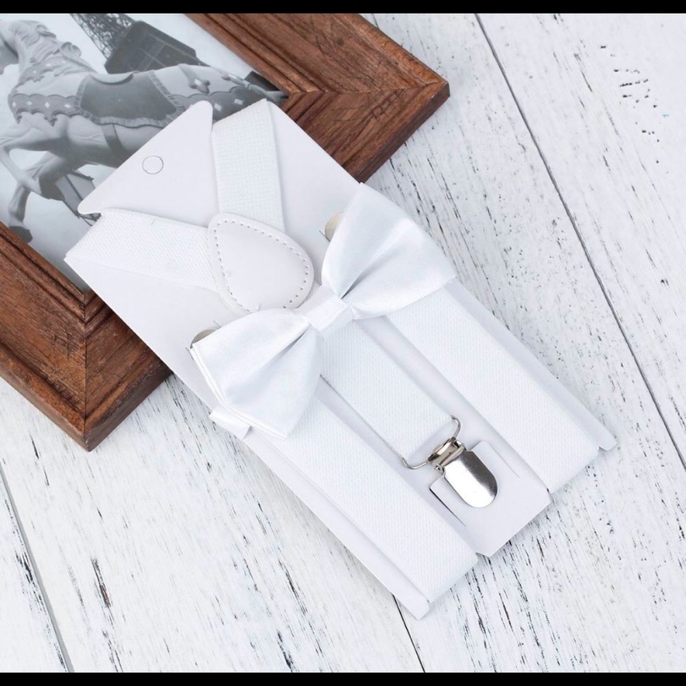 Brand new White bowtie and suspender set