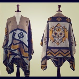 GOLD YELLOW SUGAR SKULL PONCHO AZTEC ONE SIZE