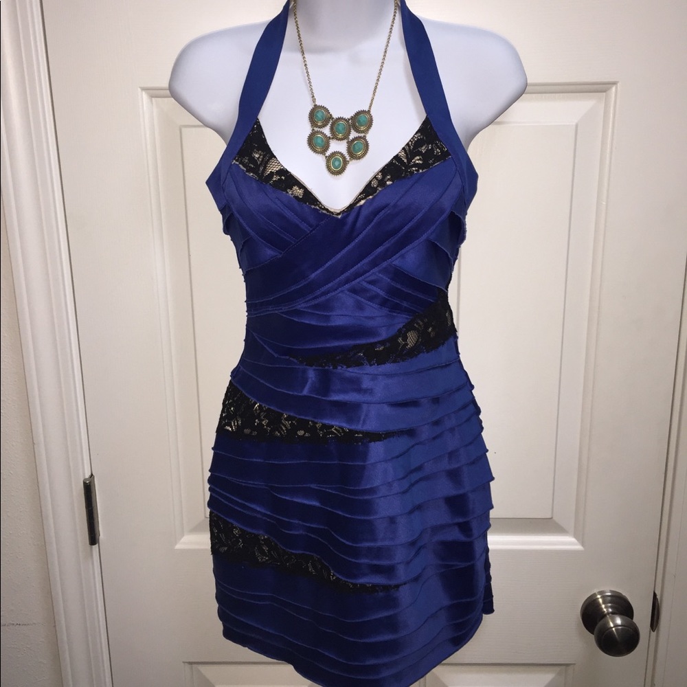 Bebe formal blue black fitted lace party bodycon dress Christmas prom