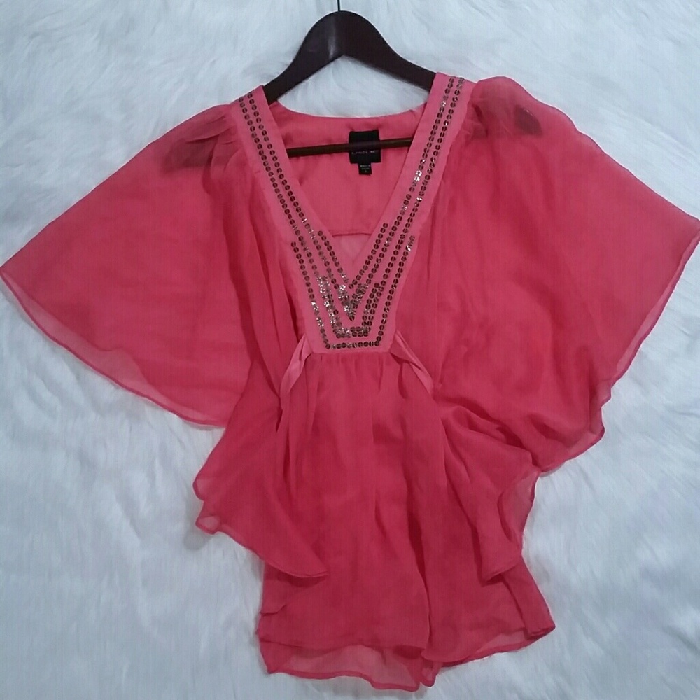 Bebe Sequin Watermelon Pink Sheer Flowy Top