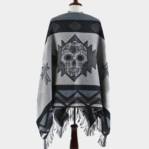 DAY OF THE DEAD SUGAR SKULL FRINGE PONCHO GRAY