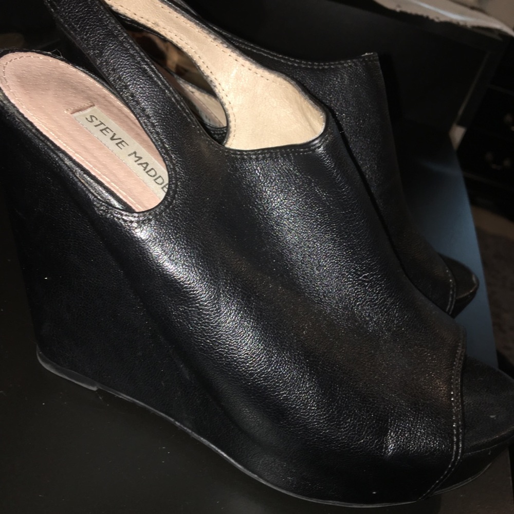 Black leather wedges