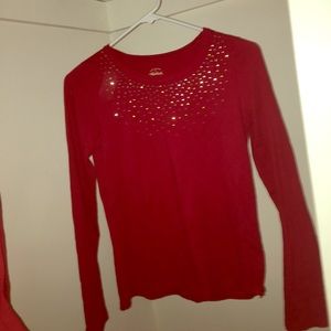 KIDS Long sleeve, red, rhinestone shirt