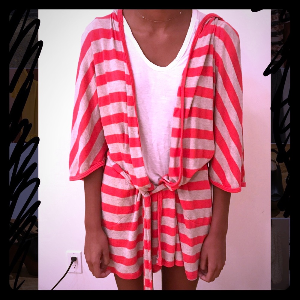 Coral and white/ivory striped hooded open sweater