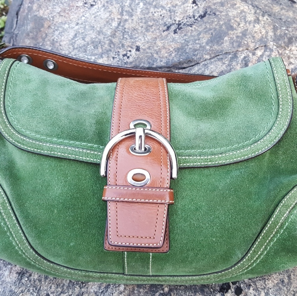 Coach, green and tan suede, purse, handbag