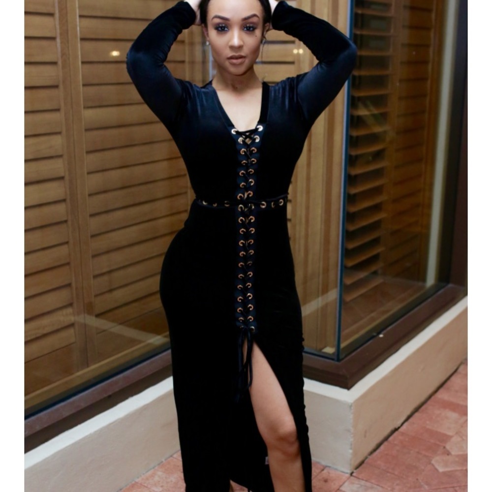 Black lace up velvet dress