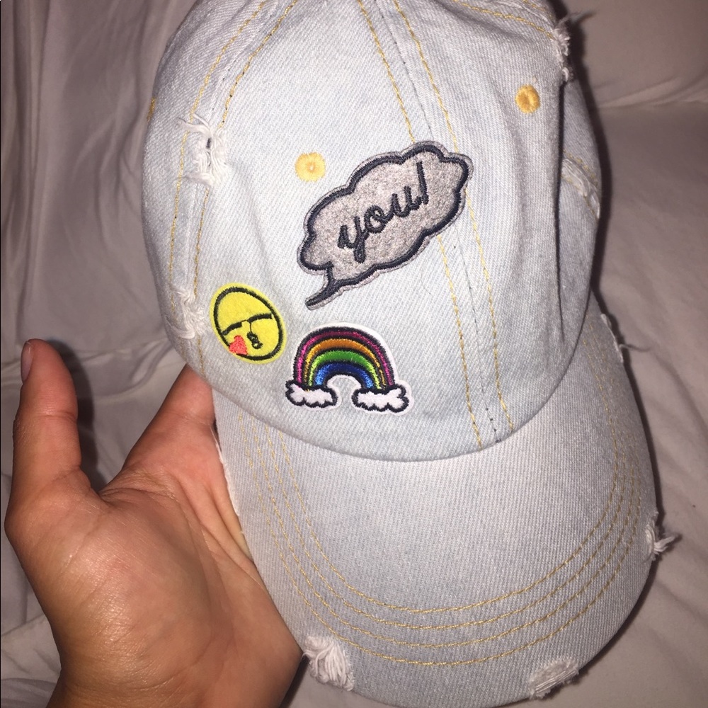 NWT Destroyed denim baseball cap with emojis