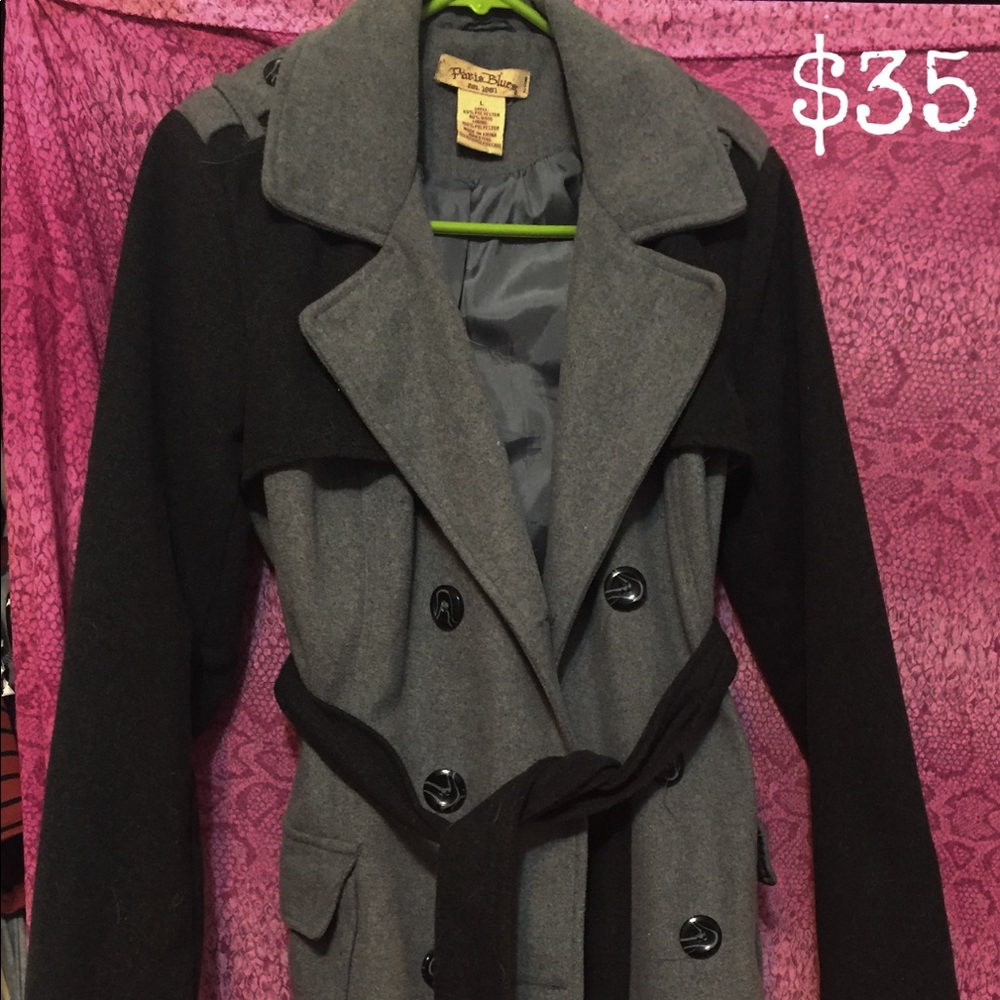 a grey and black trench coat