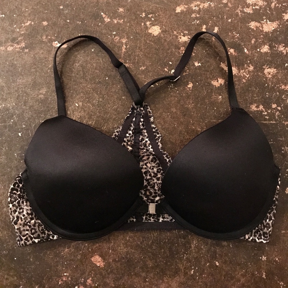 PINK Push Up Racerback Black and Leopard Bra