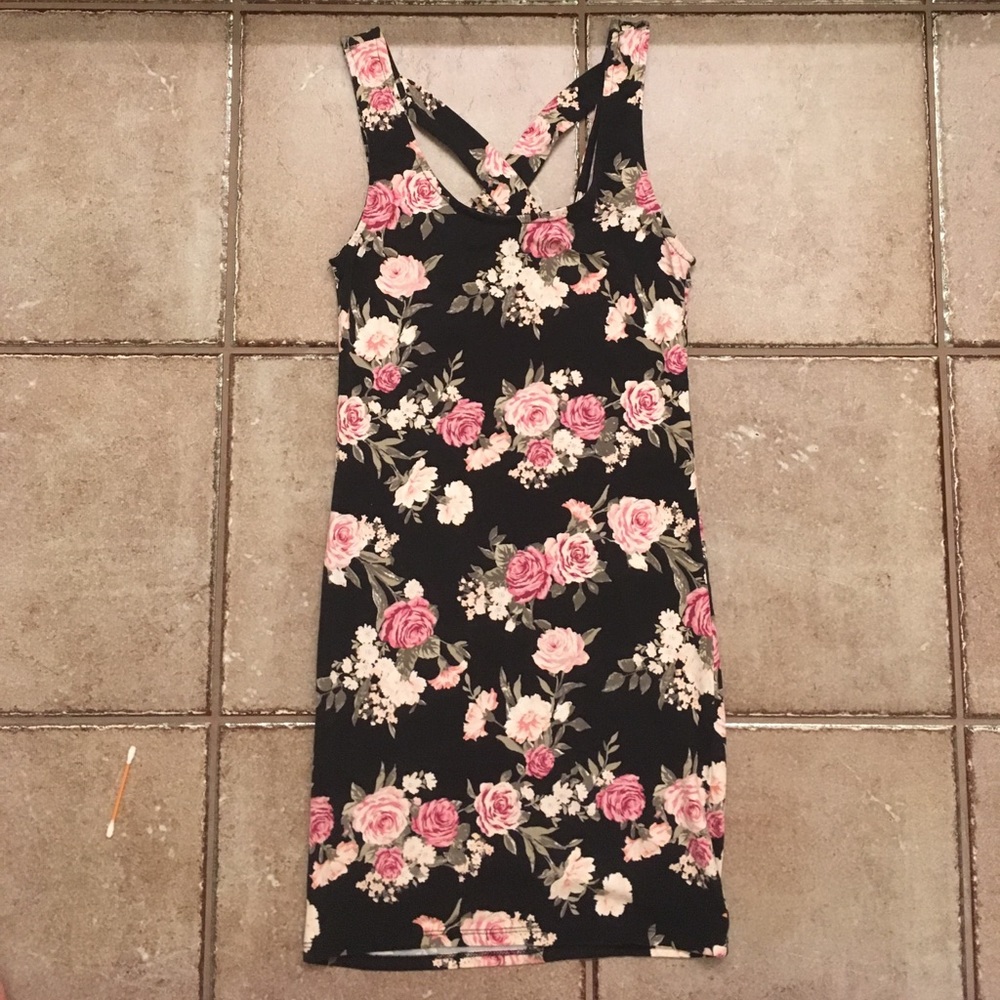 Black Fitted Dress with Pink Flowers