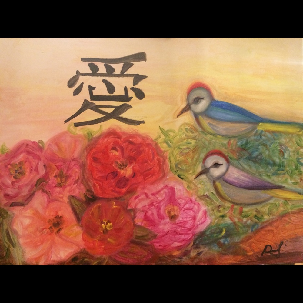Love birds and peonies painting