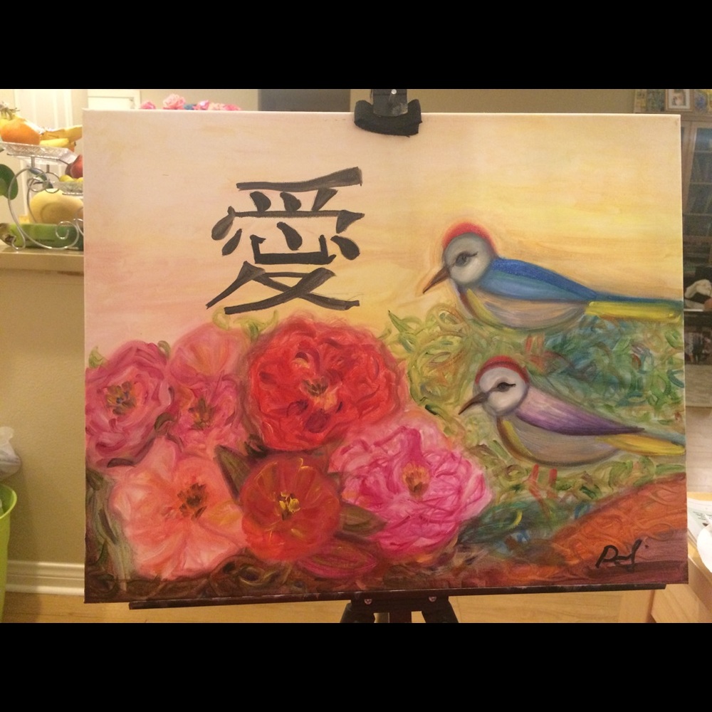 Love birds and peonies painting - Picture 2 of 3