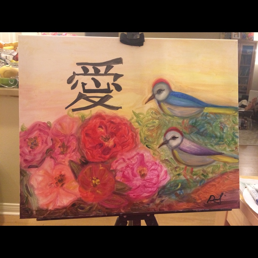 Love birds and peonies painting - Picture 3 of 3