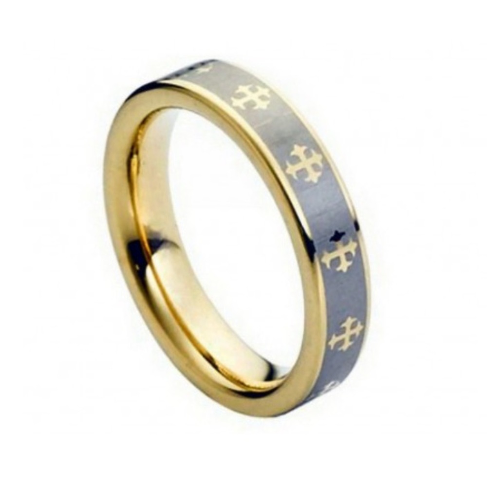 Yellow gold tungsten ring with crosses